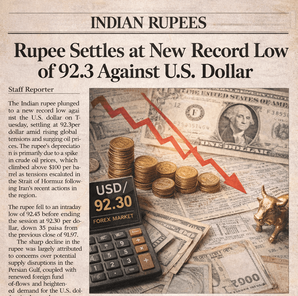 रुपये में बड़ी गिरावट: डॉलर के मुकाबले 92.30 के नए रिकॉर्ड स्तर पर पहुंचा रुपया