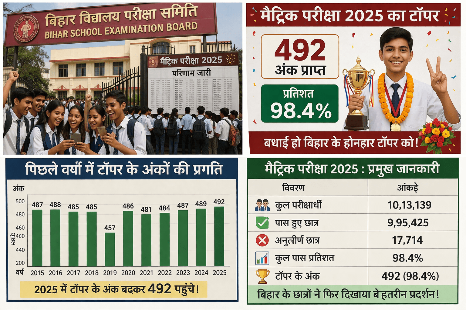 बिहार बोर्ड मैट्रिक परीक्षा में 92 अंक से टॉपर, पास प्रतिशत 98.4 रहा